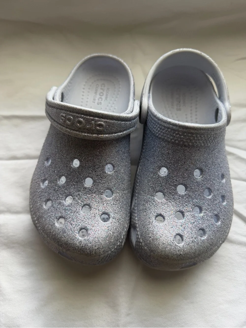CROCS Kids Glitter Clog Sandals - White/Silver Glitter